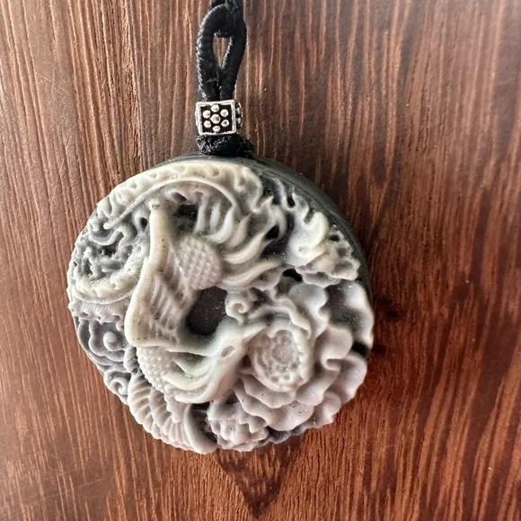 Tai Chi Stone Phoenix an Dragon Pendant Necklace on Black Adjustable Rope - Picture 9 of 13